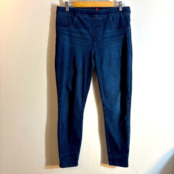SPANX Sz L Pull On Skinny Jeggings Dark Wash Stretchy Blue Jeans - Picture 2 of 9